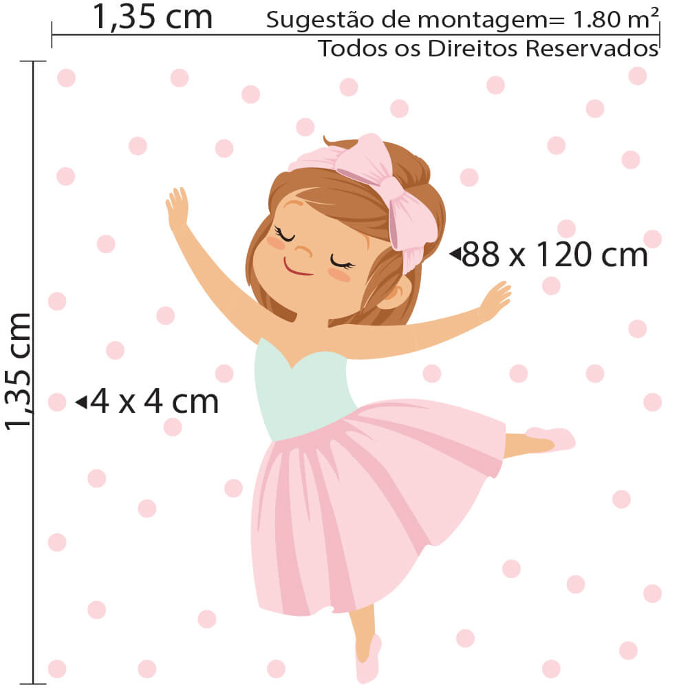 Imagem ilustrativa mostrando dimensões do adesivo de parede menina bailarina, 88x120 cm, com bolinhas rosa ao redor, ideal para aplicação em área de 1,80 m².