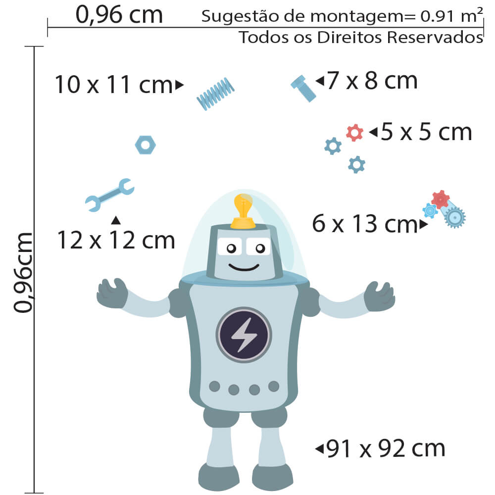Imagem técnica do adesivo de parede menino robô amigo com dimensões detalhadas dos elementos e cores predominantes azul, cinza, vermelho e amarelo.