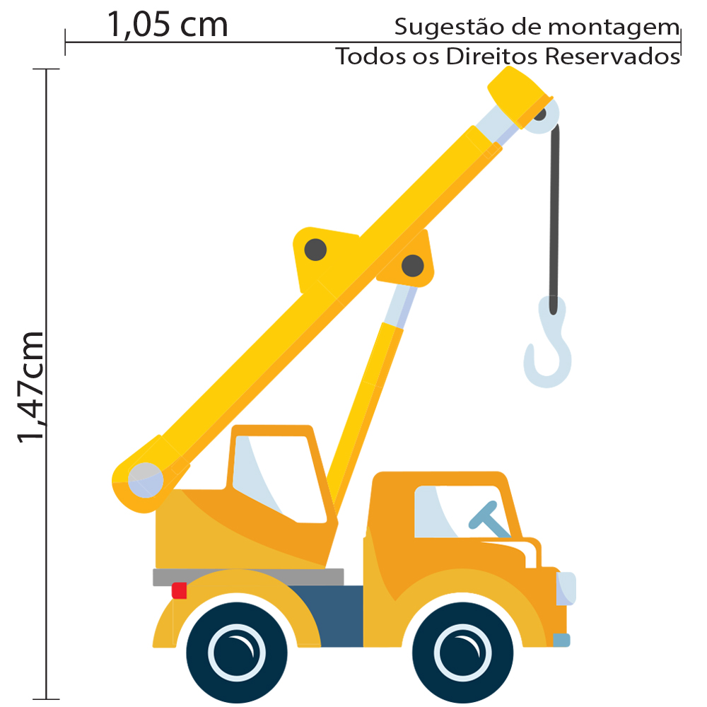 Imagem técnica do adesivo de parede guindaste amarelo com gancho, mostrando dimensões e detalhes do produto.
