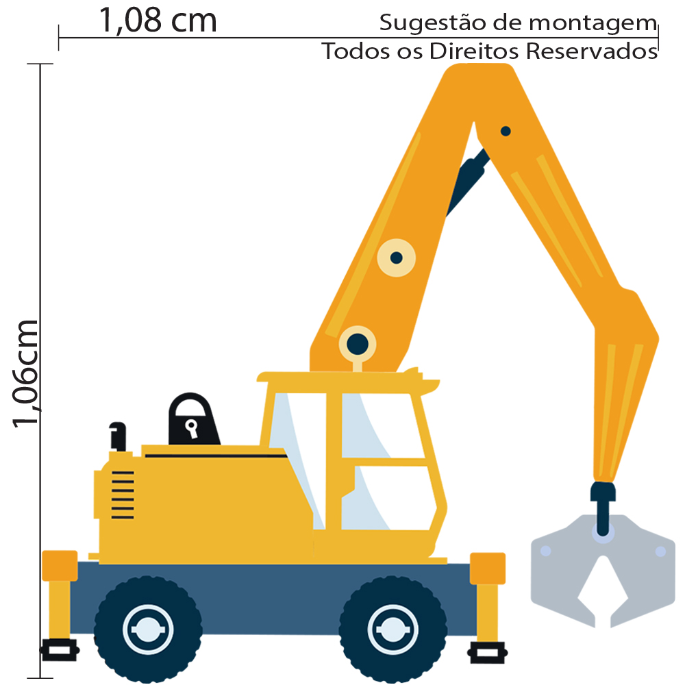 Imagem ilustrativa do adesivo de parede com guindaste amarelo mostrando medidas para aplicação e detalhes do produto.