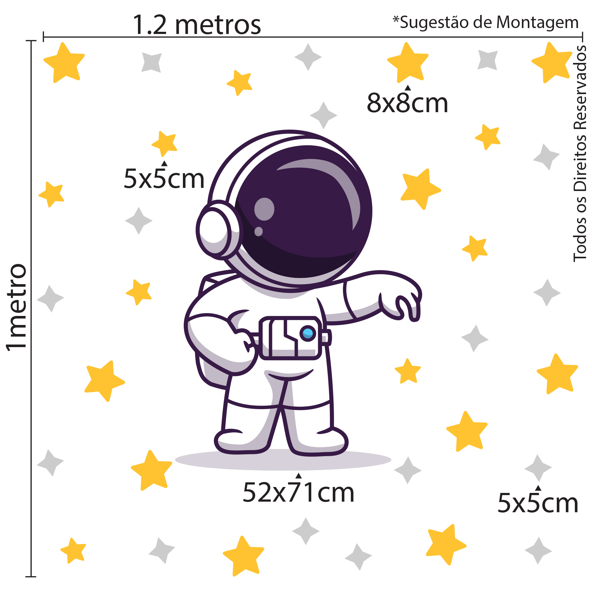 Imagem ilustrativa com dimensões do adesivo de parede astronauta, mostrando medidas e disposição das estrelas ao redor.