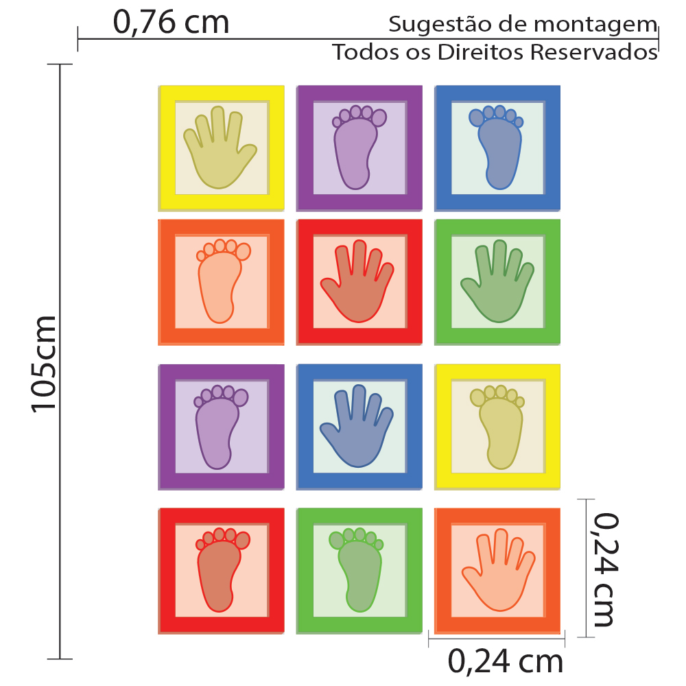 Imagem técnica mostrando dimensões e detalhes do adesivo para piso lúdico Amarelinha