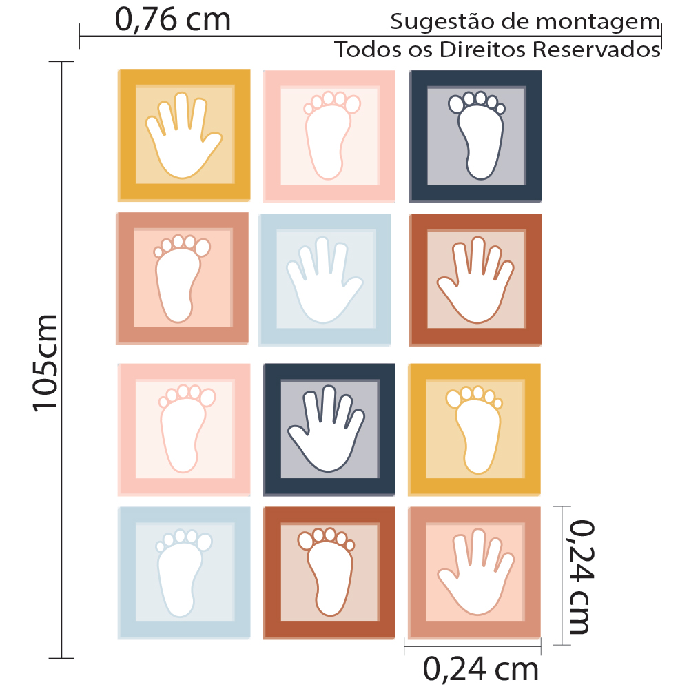Imagem ilustrativa mostrando adesivo para piso infantil amarelinha com especificações de tamanho