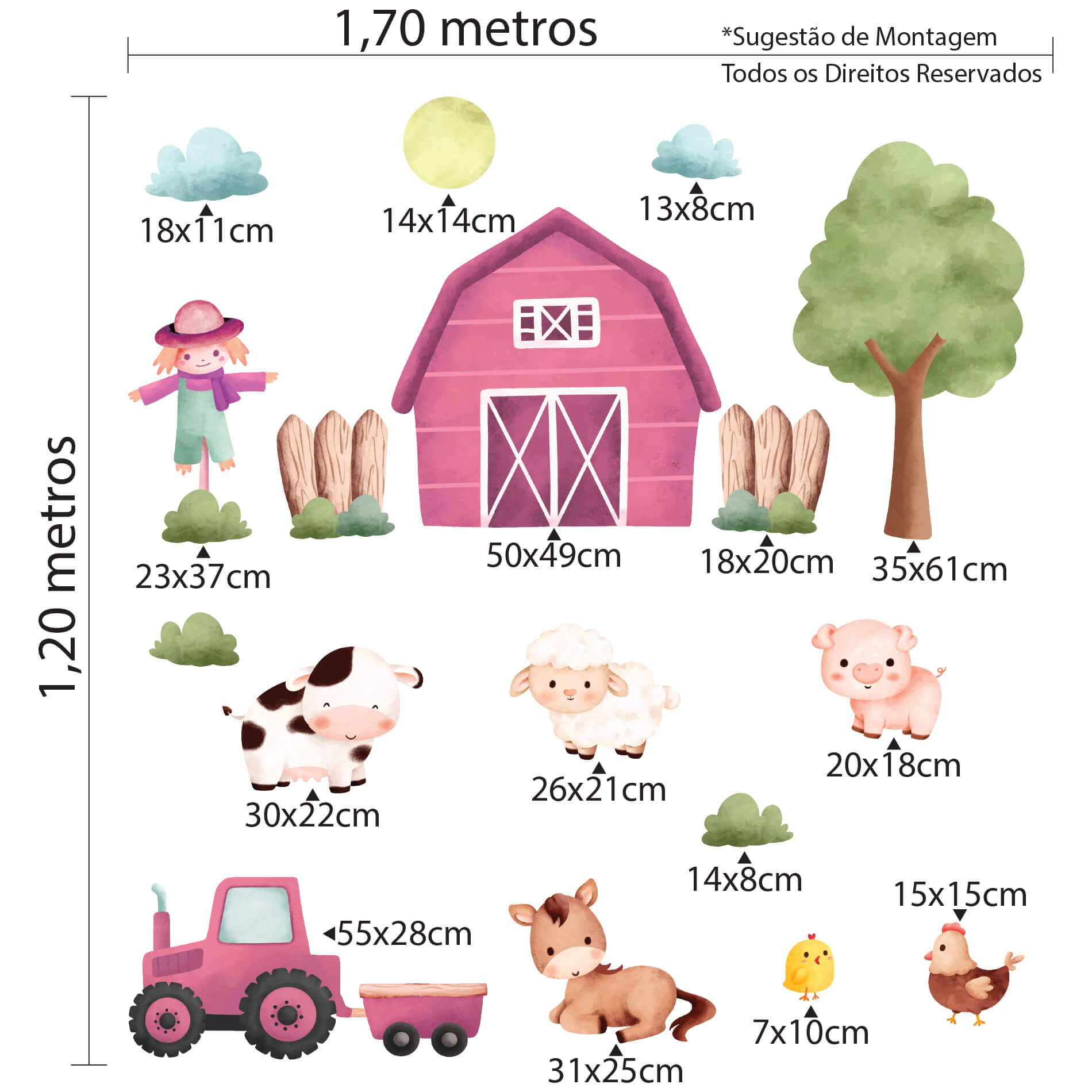 Imagem ilustrativa com dimensões dos adesivos do conjunto Animais Fazenda Feliz para quarto infantil, mostrando medidas detalhadas das peças.