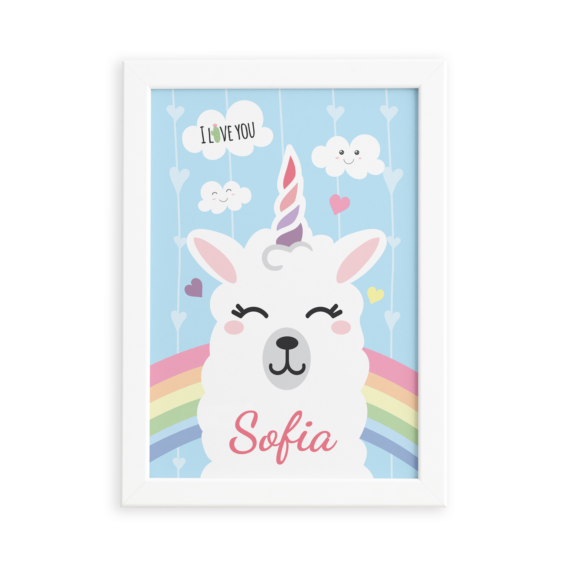 Quadro decorativo retangular com moldura branca e ilustrae7e3o de lhama unicf3rnio, mostrando detalhes do produto e dimensf5es 33x43cm