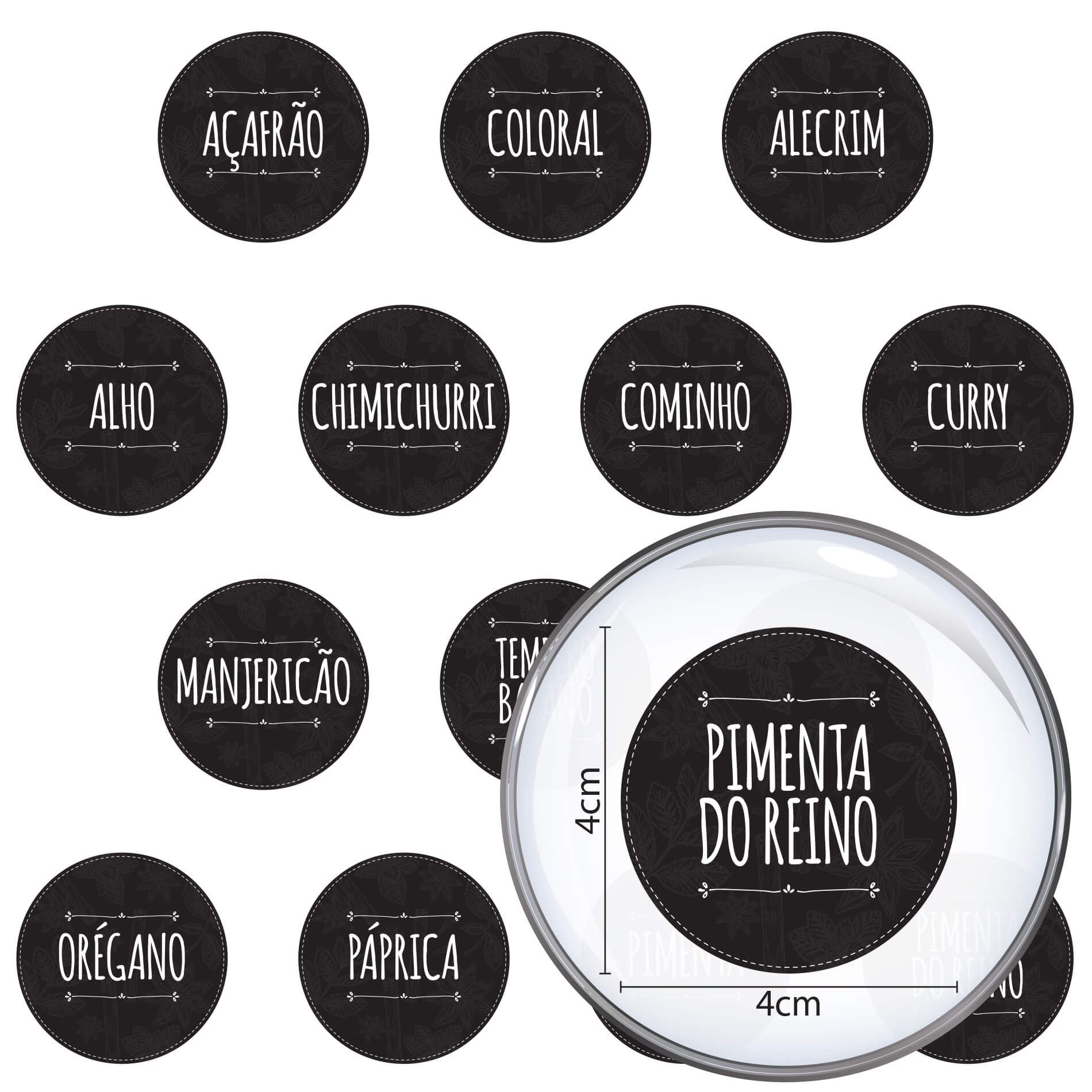 Imagem mostrando adesivos organizadores para temperos com especificações e aplicação