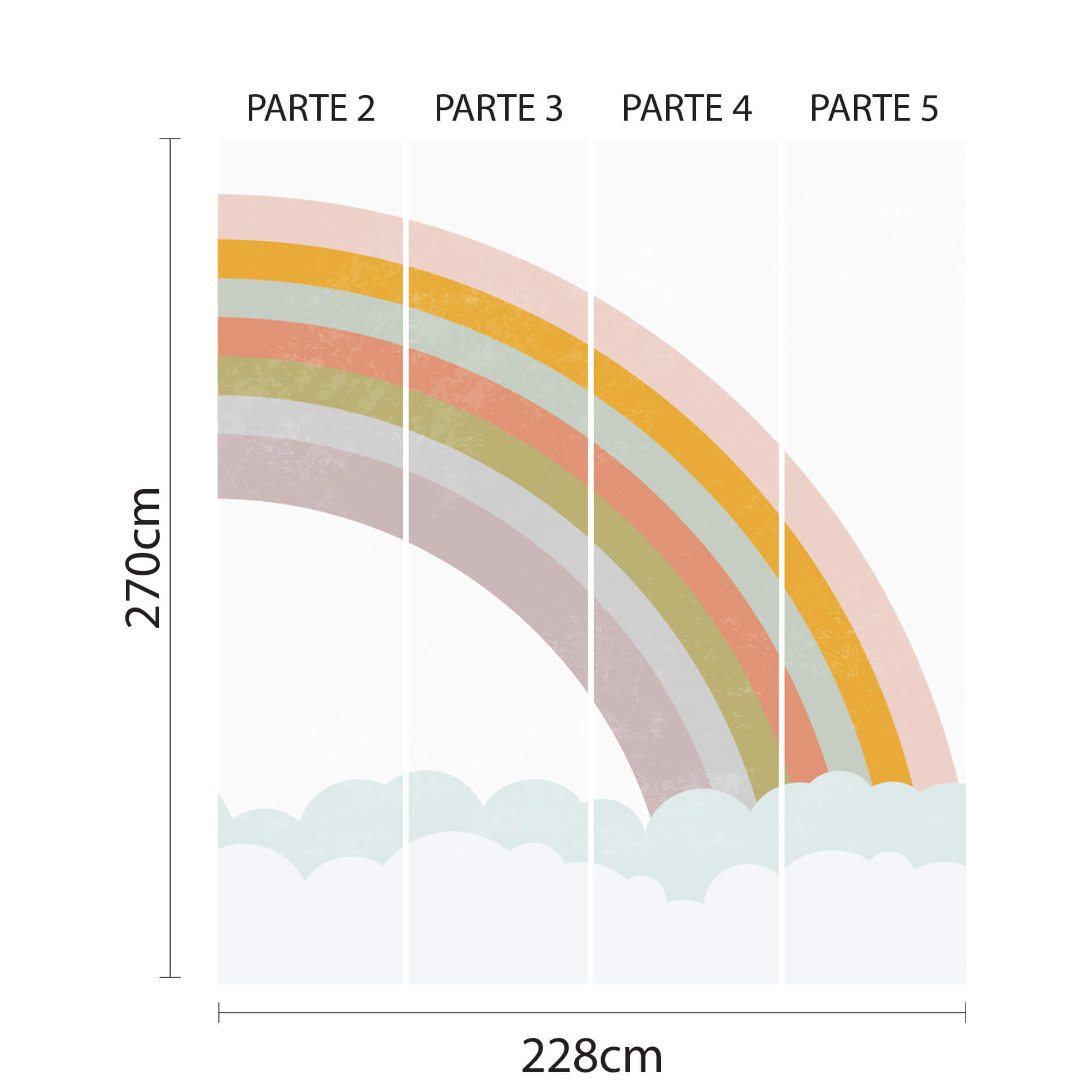 Imagem técnica do papel de parede infantil com arco-íris em tons terrosos dividido em partes numeradas com medidas para aplicação.