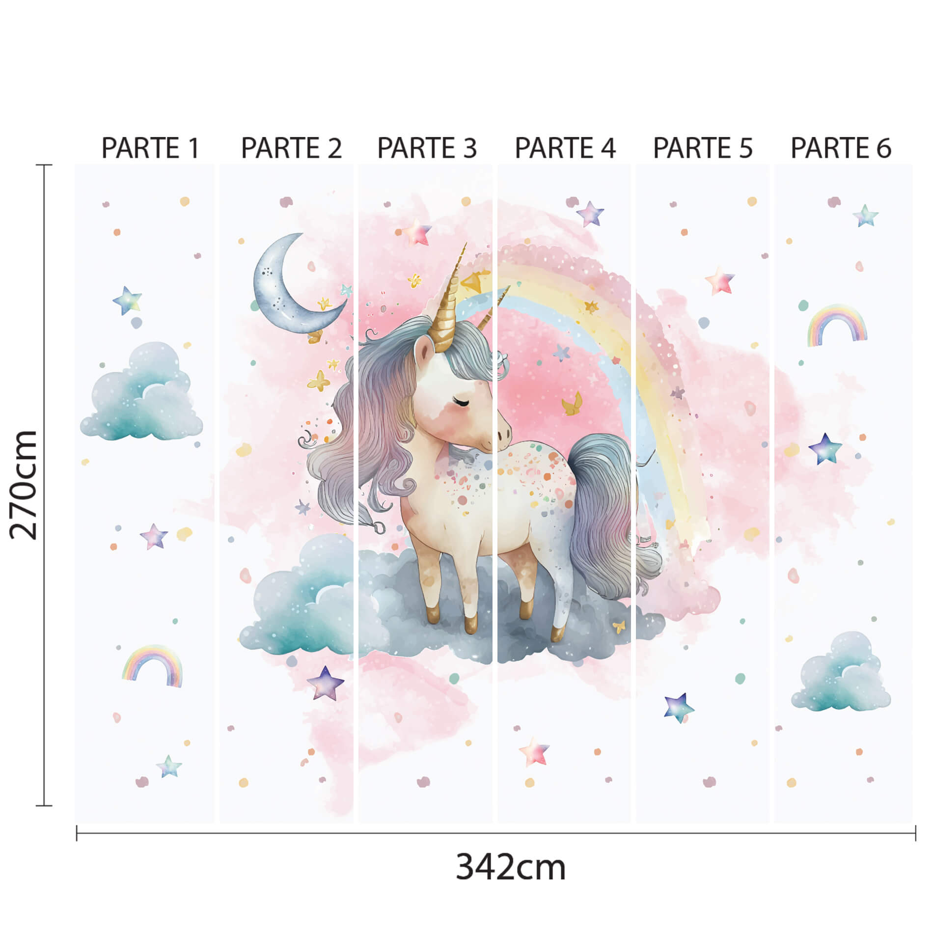 Imagem mostrando o papel de parede dividido em 6 partes verticais numeradas, com ilustração de unicórnio em aquarela, arco-íris, estrelas, nuvens e lua em tons pastel.