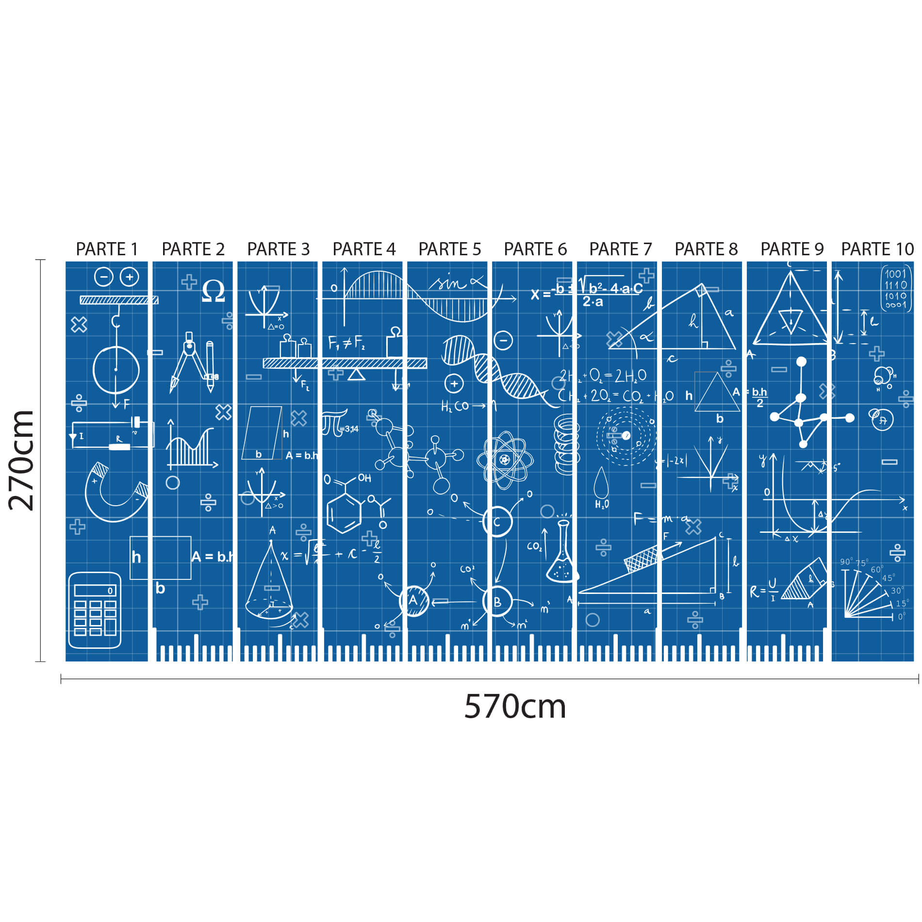 Imagem ilustrativa do papel de parede escolar com fórmulas de matemática mostrando dimensões e instruções de aplicação