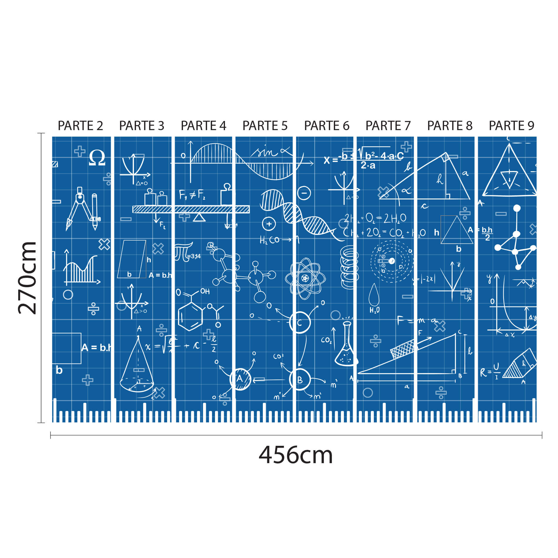 Imagem do papel de parede escolar com fórmulas de matemática, mostrando aplicação em parede interna com piso de madeira clara.