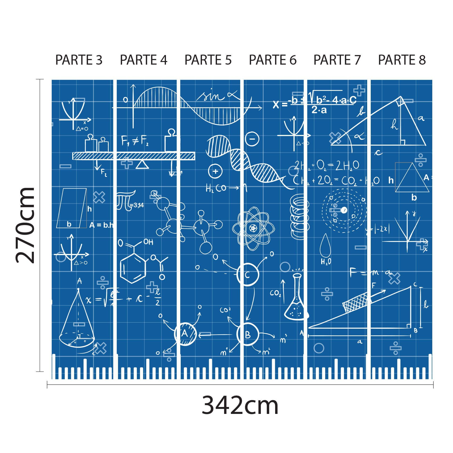 Imagem ilustrativa das dimensões do papel de parede escolar com tema de fórmulas matemáticas, mostrando 6 rolos numerados e medidas técnicas.