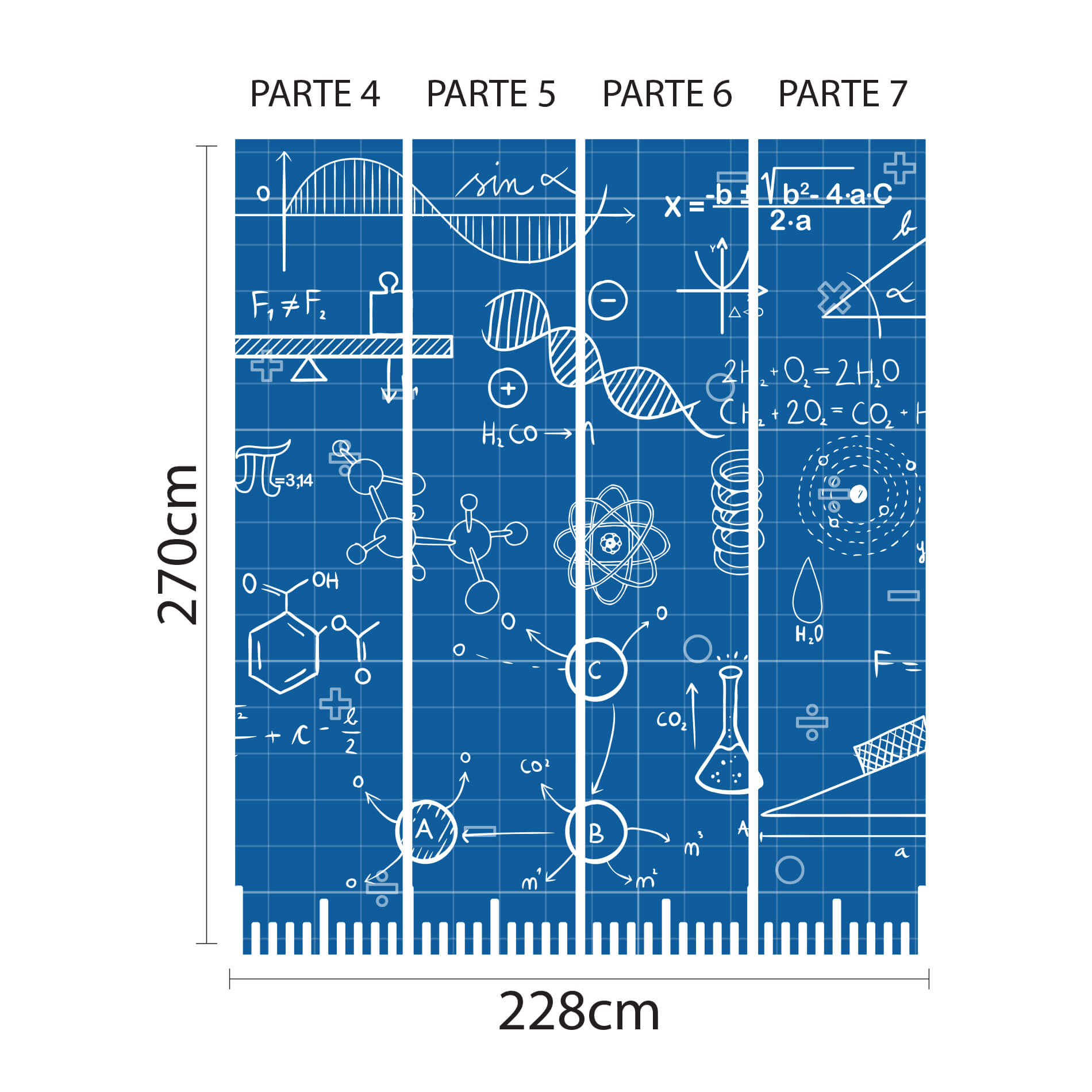 Papel de parede escolar dividido em quatro partes verticais numeradas com medidas detalhadas para aplicação