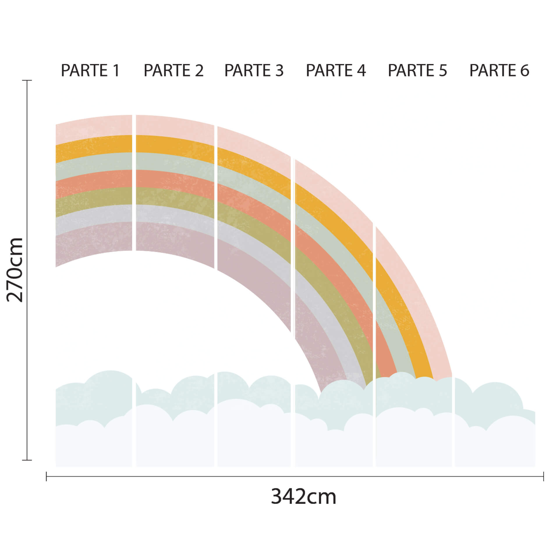 Imagem técnica do papel de parede infantil com arco-íris em tons terrosos, mostrando dimensões e partes numeradas para aplicação.