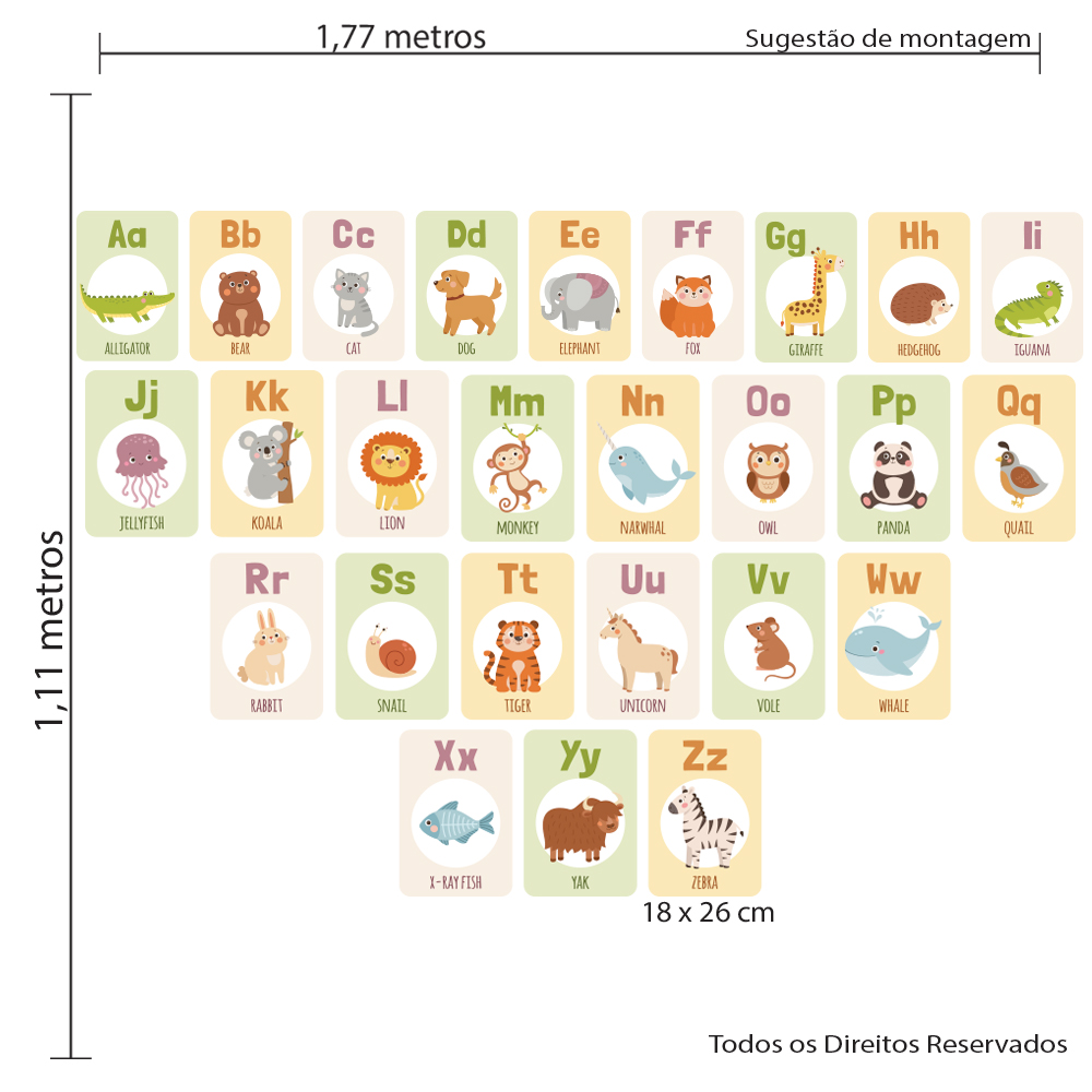 Imagem ilustrativa com medidas do adesivo de parede infantil alfabeto com 26 unidades, mostrando a disposição das letras e animais em quadros coloridos pastel.