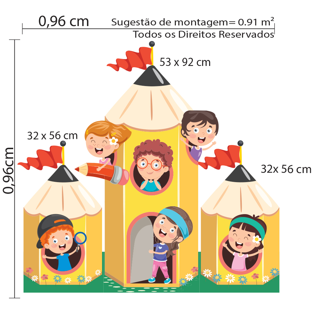 Imagem técnica do adesivo de parede infantil castelo de lápis mostrando dimensões detalhadas e área total