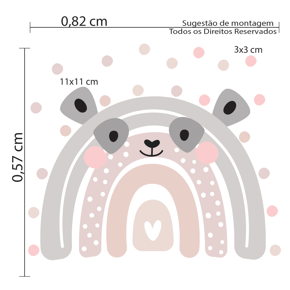 Imagem técnica do adesivo de parede urso panda arco-íris com dimensões detalhadas para aplicação