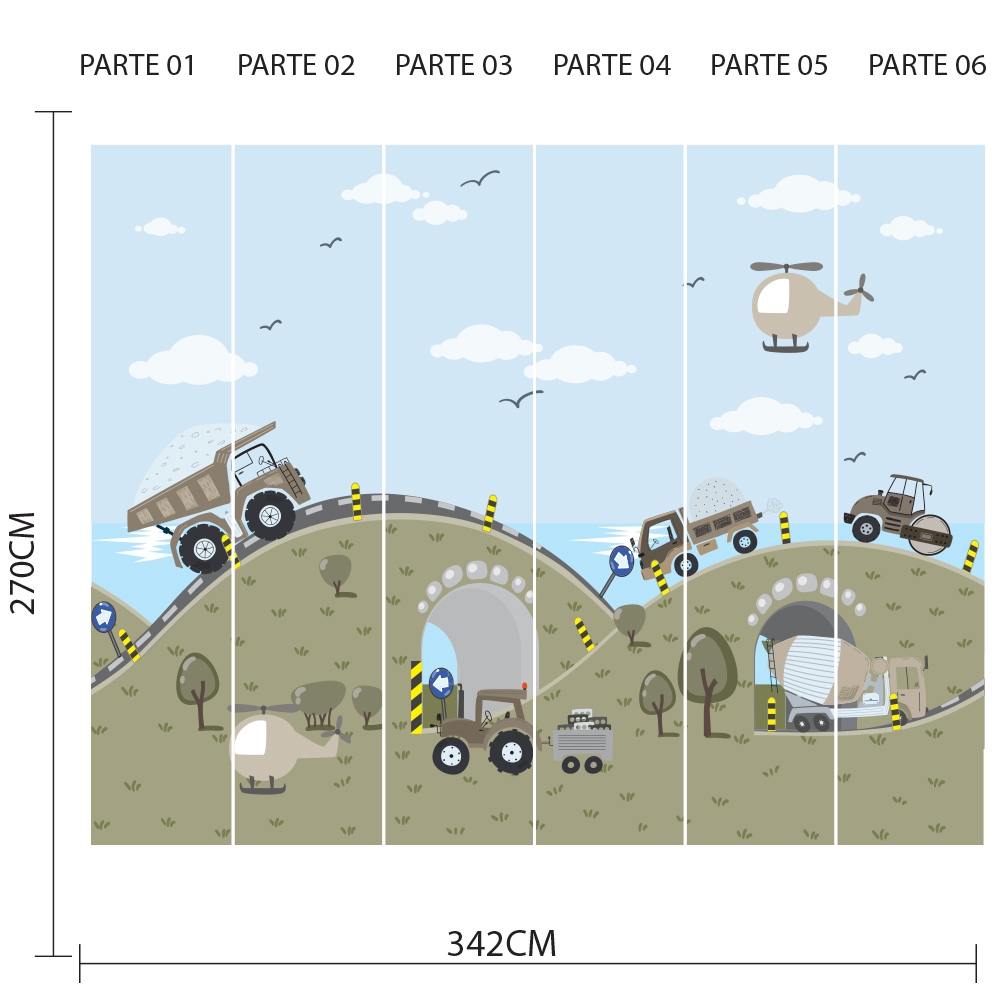 Imagem ilustrativa do papel de parede dividido em seis partes numeradas, mostrando o design completo e dimensões.