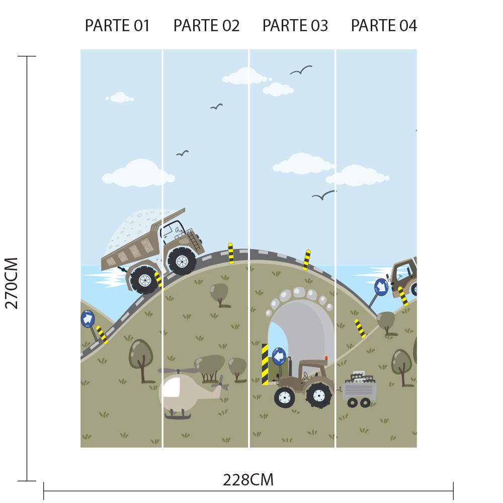 Imagem ilustrativa do papel de parede dividido em quatro partes verticais numeradas com dimensões e padrão de caminhões de construção.