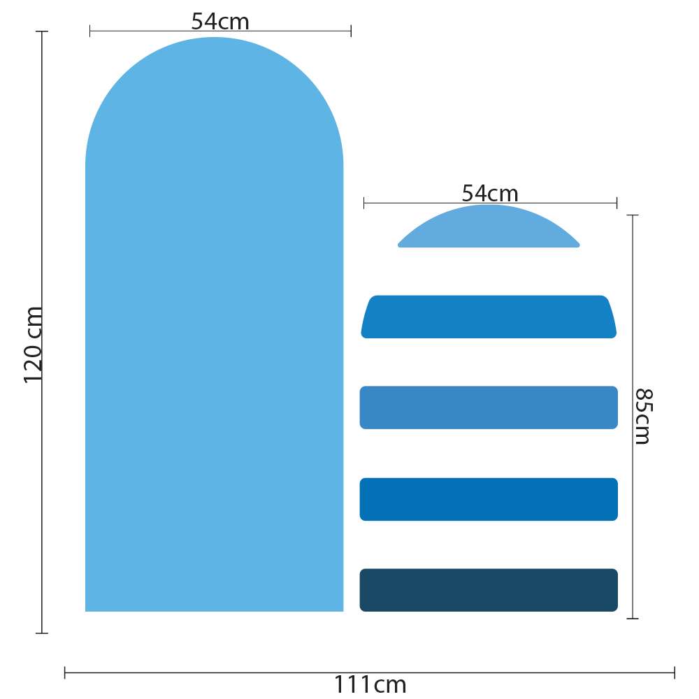 Imagem técnica mostrando dimensões do adesivo de parede com formas de arco em tons de azul.