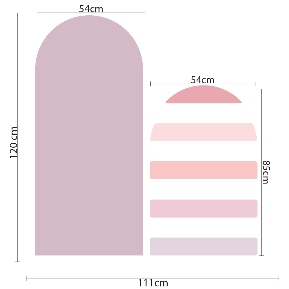 Imagem técnica mostrando dimensões do adesivo de parede com formas de arco em tons de rosa e lilás
