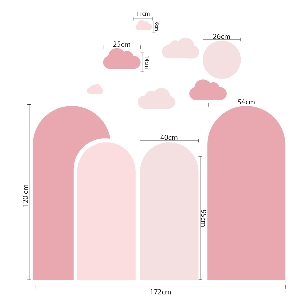 Imagem ilustrativa com dimensões dos adesivos de parede em formato de colinas e nuvens em tons de rosa.