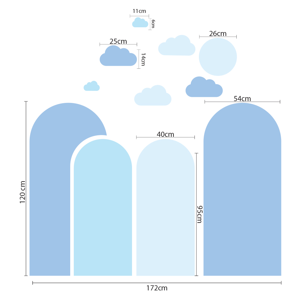 Imagem técnica com medidas do adesivo de parede para quarto de menino mostrando dimensões e detalhes para aplicação