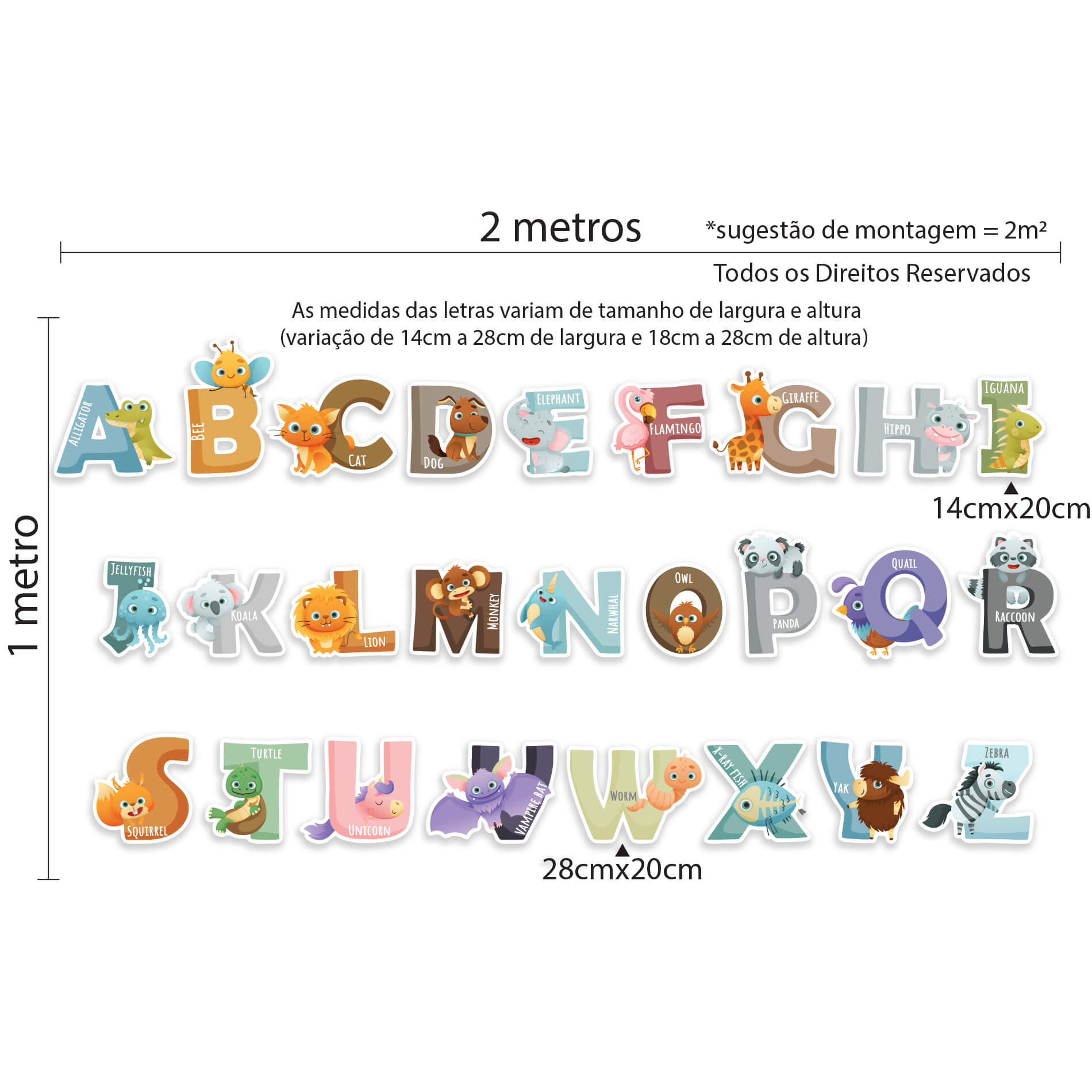 Imagem técnica com dimensões do adesivo de parede infantil alfabeto em inglês com animais