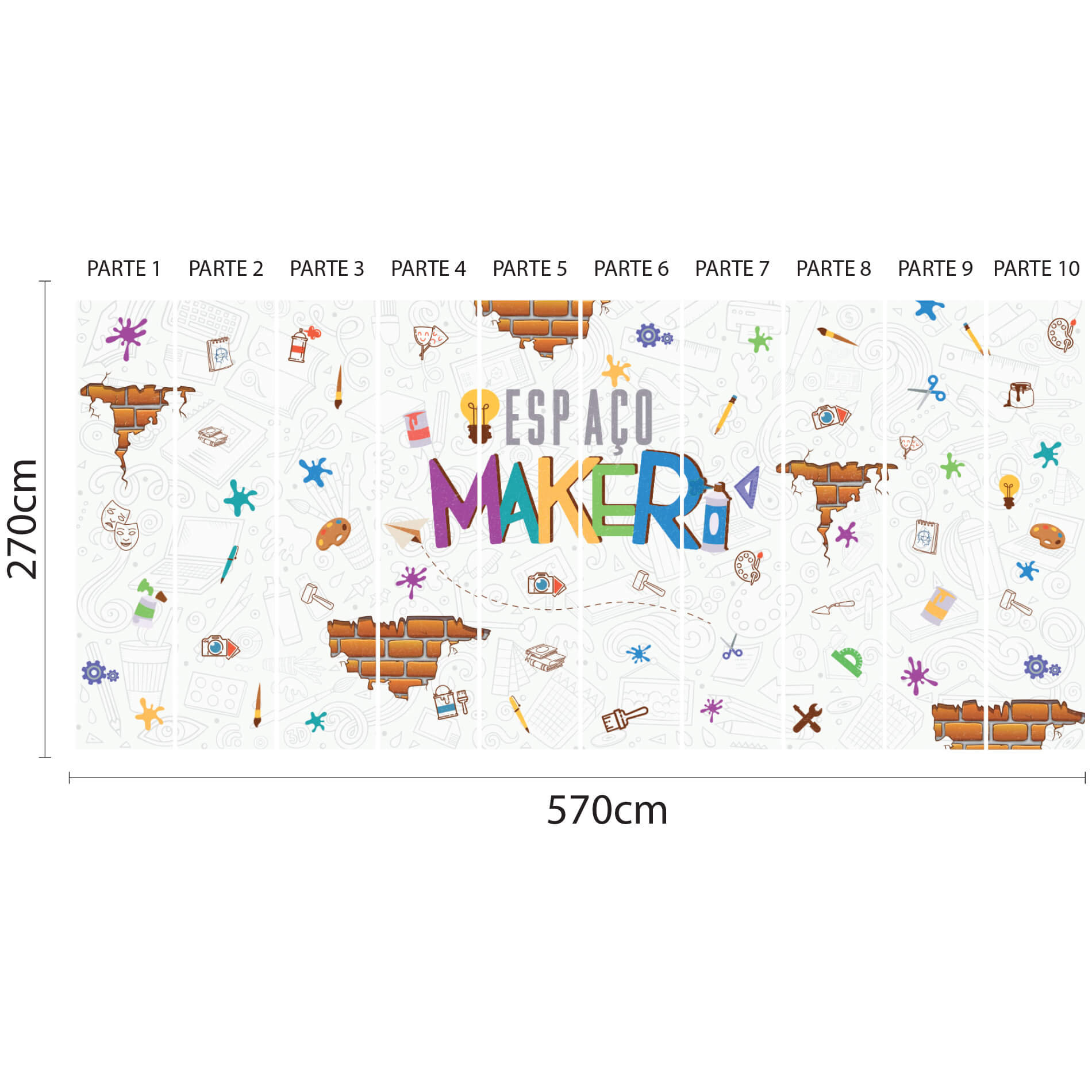Imagem técnica do papel de parede Escolar Espaço Maker com dimensões e partes numeradas