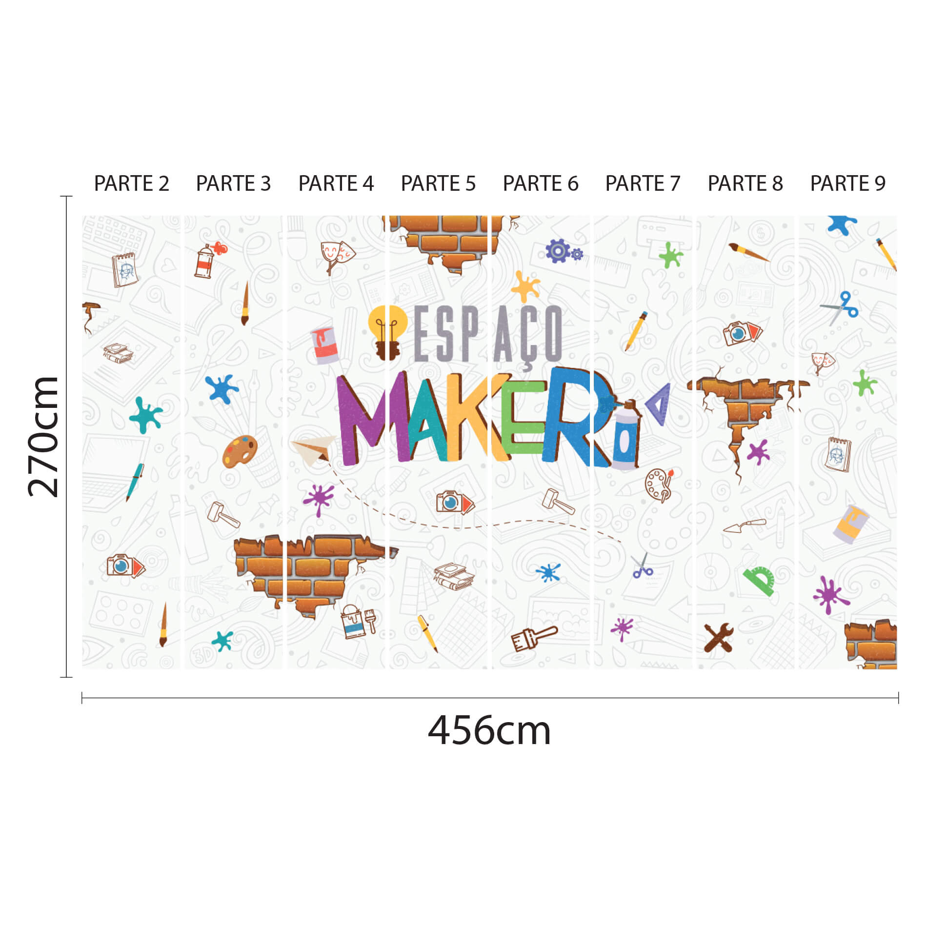 Imagem técnica do papel de parede Espaço Maker mostrando dimensões e partes para montagem