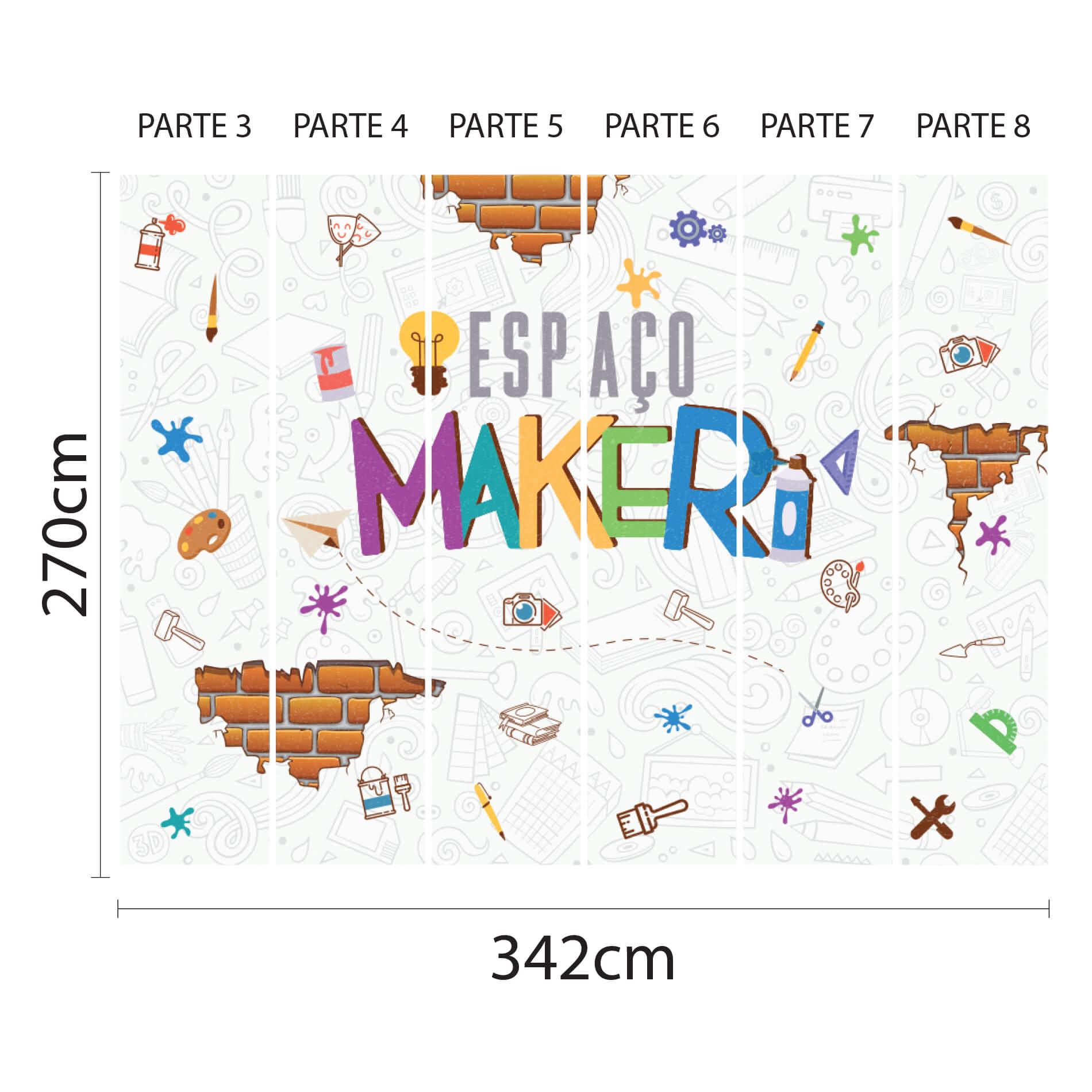 Imagem técnica do papel de parede Espaço Maker com medidas e design colorido para aplicação.