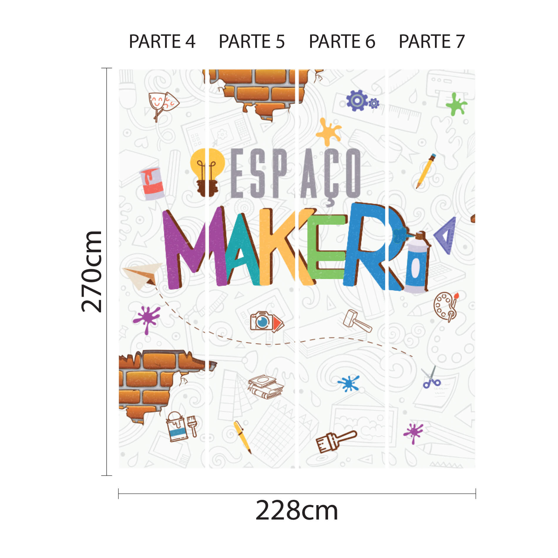 Imagem ilustrativa com dimensões e instruções para aplicação do papel de parede escolar Espaço Maker.