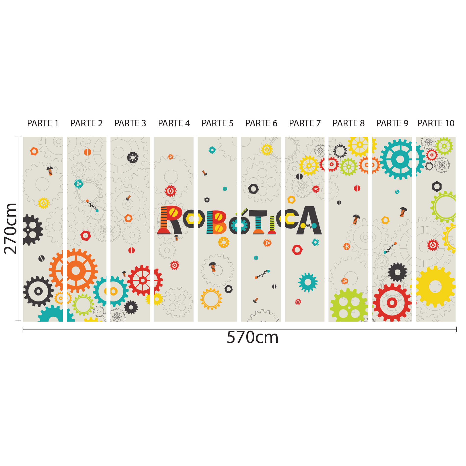 Imagem técnica do papel de parede mostrando as 10 partes com dimensões e design lúdico de robótica.