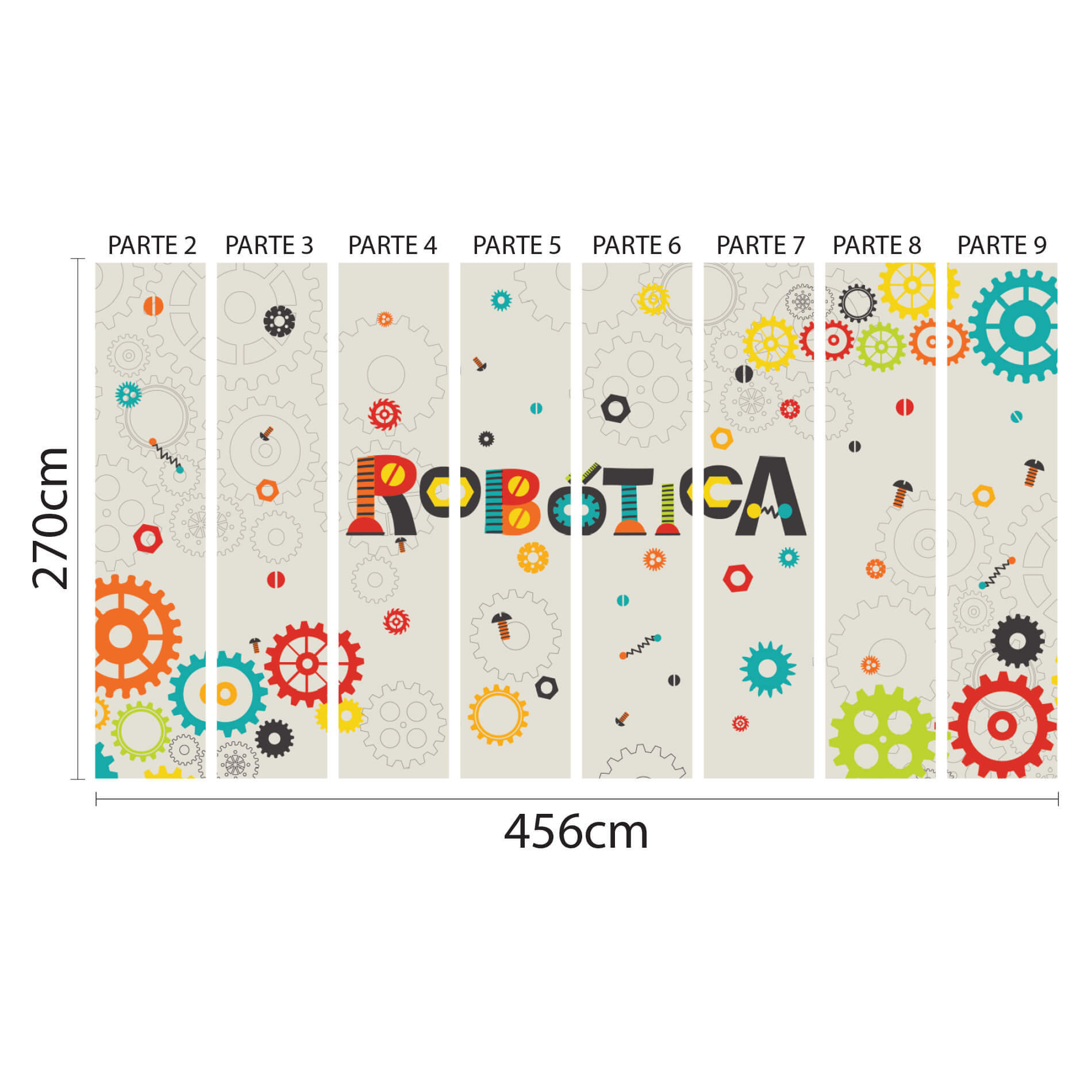 Painéis do papel de parede para sala de robótica educativa mostrando design e dimensões para aplicação.