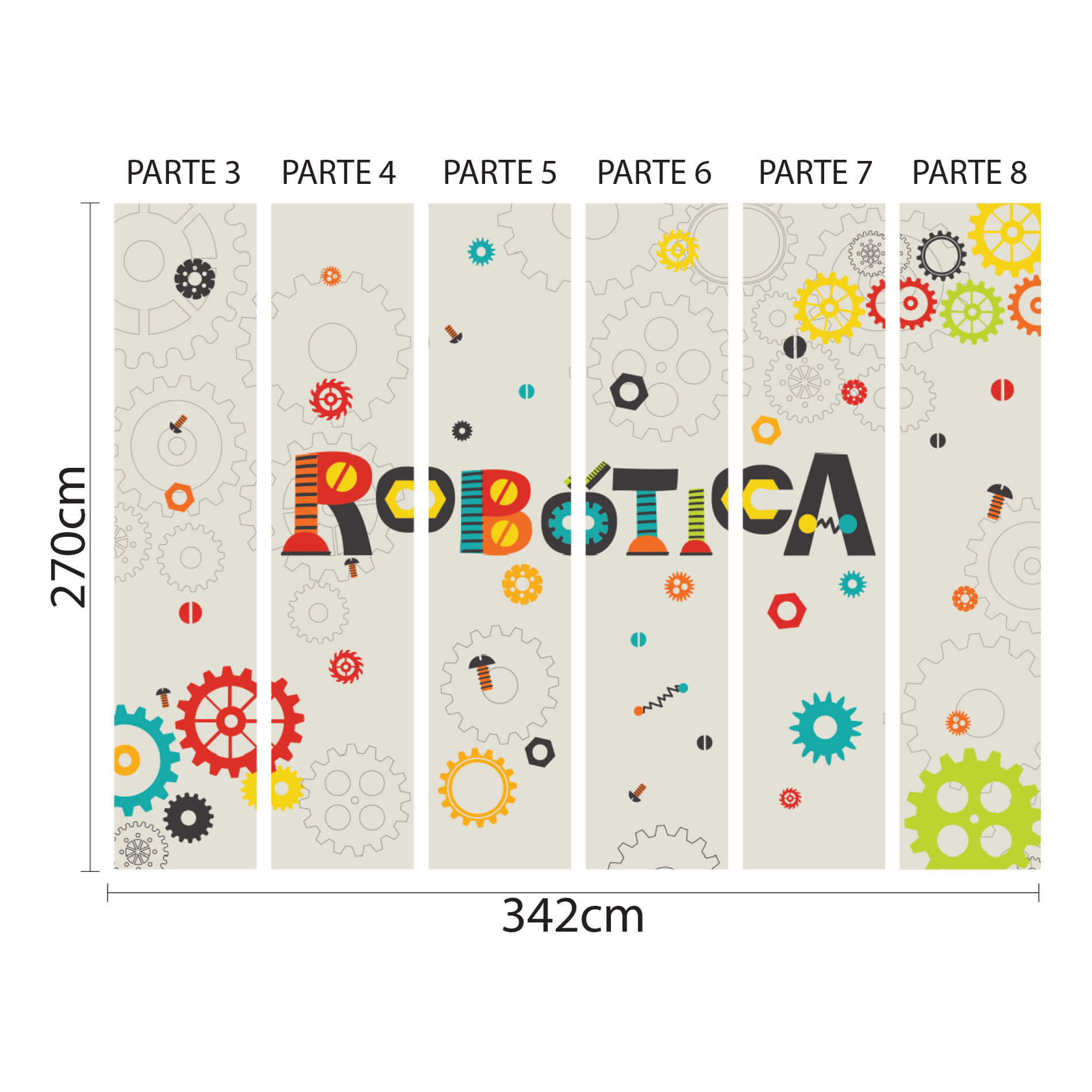Imagem mostrando o papel de parede dividido em faixas verticais com dimensões indicadas para aplicação.