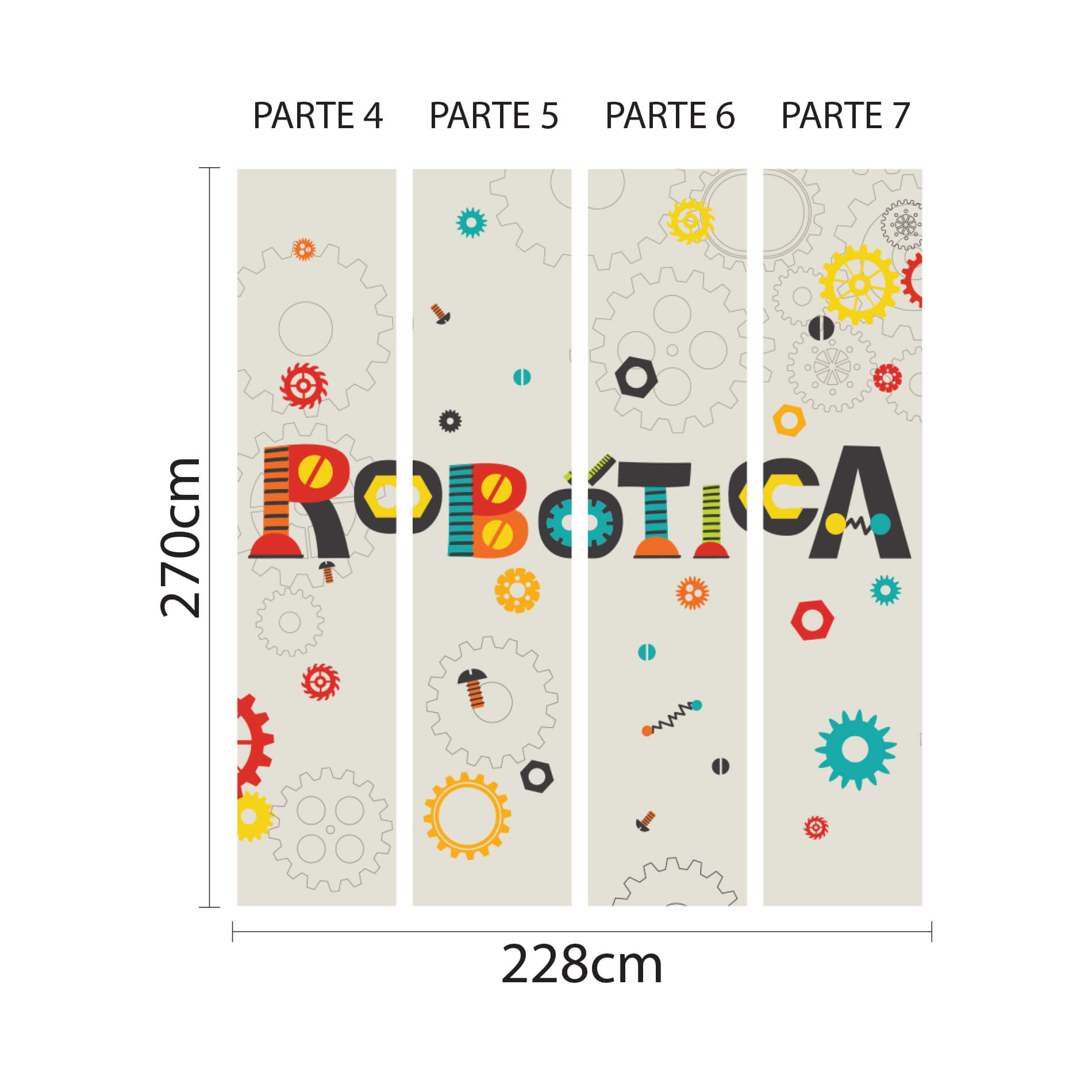 Imagem detalhada do papel de parede dividido em painéis com medidas para aplicação correta.