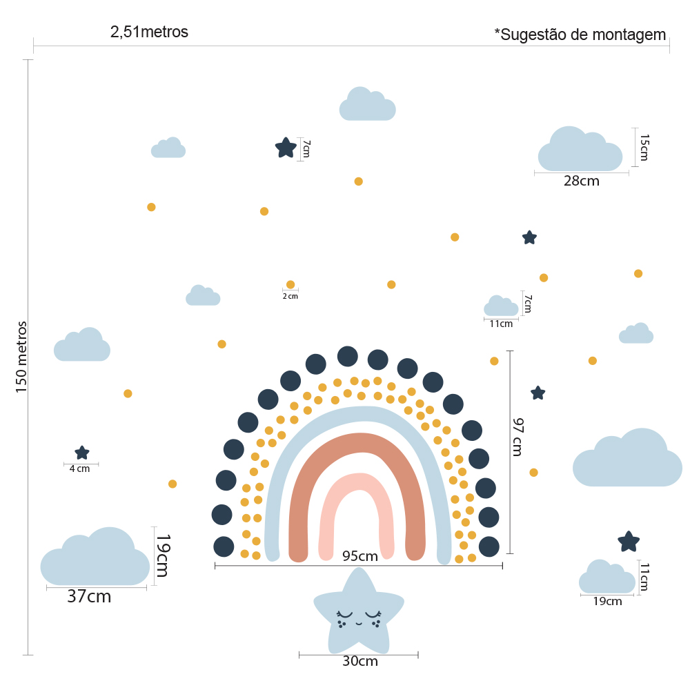 Imagem técnica do adesivo de parede com dimensões e sugestão de montagem, mostrando arco-íris colorido e nuvens azuis claras.