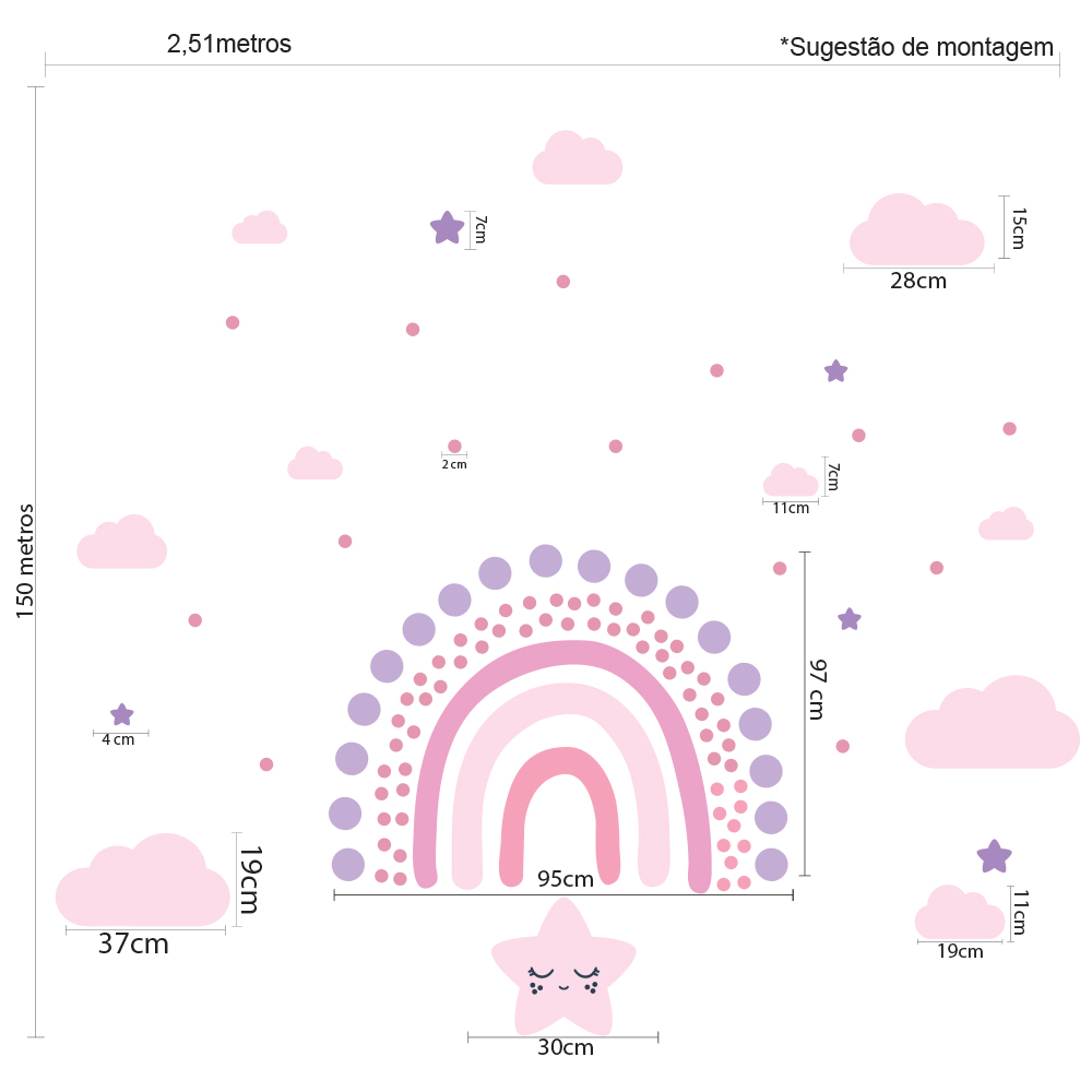 Imagem técnica mostrando as medidas do adesivo de parede arco-íris rosa e céu estrelado para quarto infantil