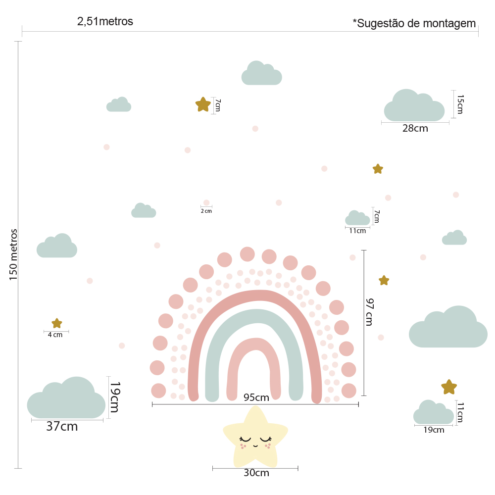 Imagem técnica com medidas do adesivo de parede infantil arco-íris e estrelinhas em tons pastéis, mostrando dimensões detalhadas para aplicação.