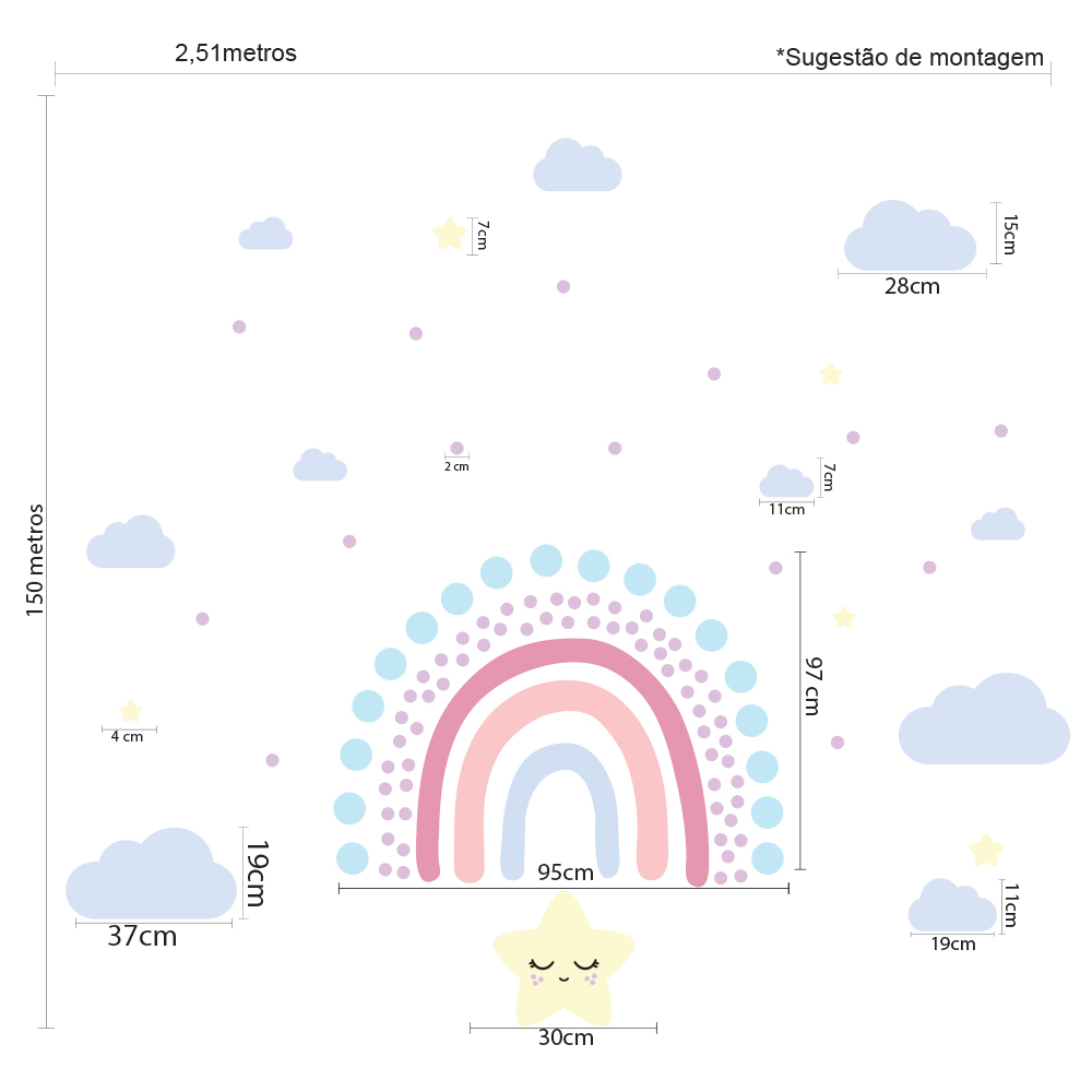 Imagem técnica com medidas detalhadas para adesivo de parede infantil com arco-íris em tons de rosa, azul e lilás, nuvens azuis e estrelas amarelas