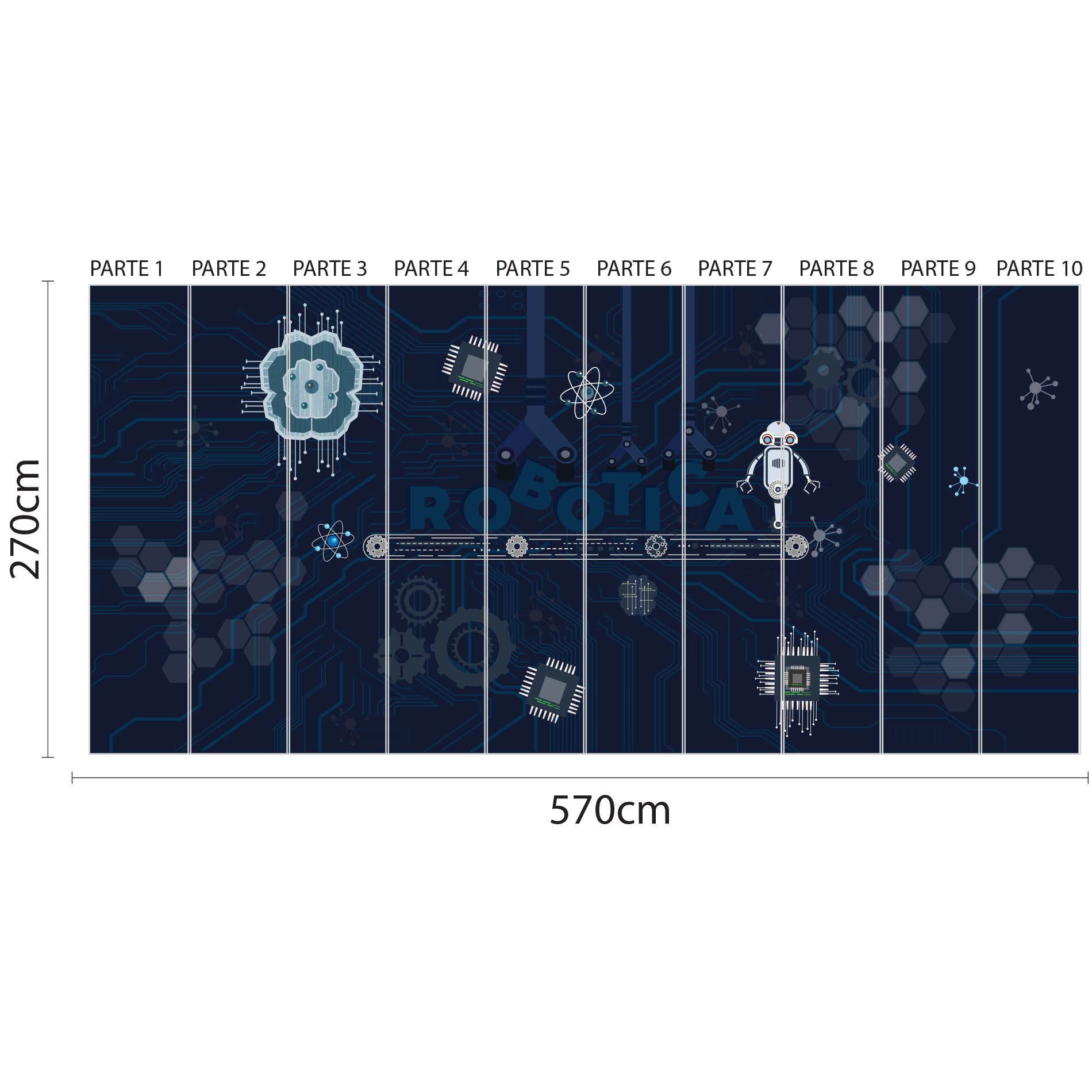Imagem mostrando o papel de parede escolar para sala de robótica com dimensões e design completo para aplicação.