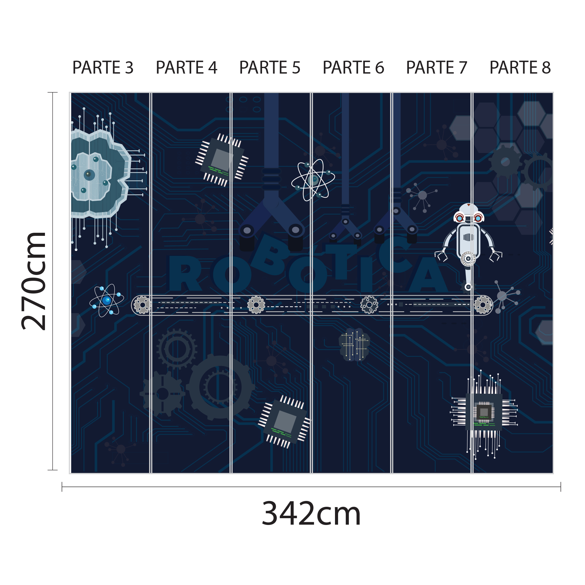 Imagem ilustrativa do papel de parede escolar com tema de robótica em tons de azul, mostrando as partes numeradas para aplicação e dimensões.