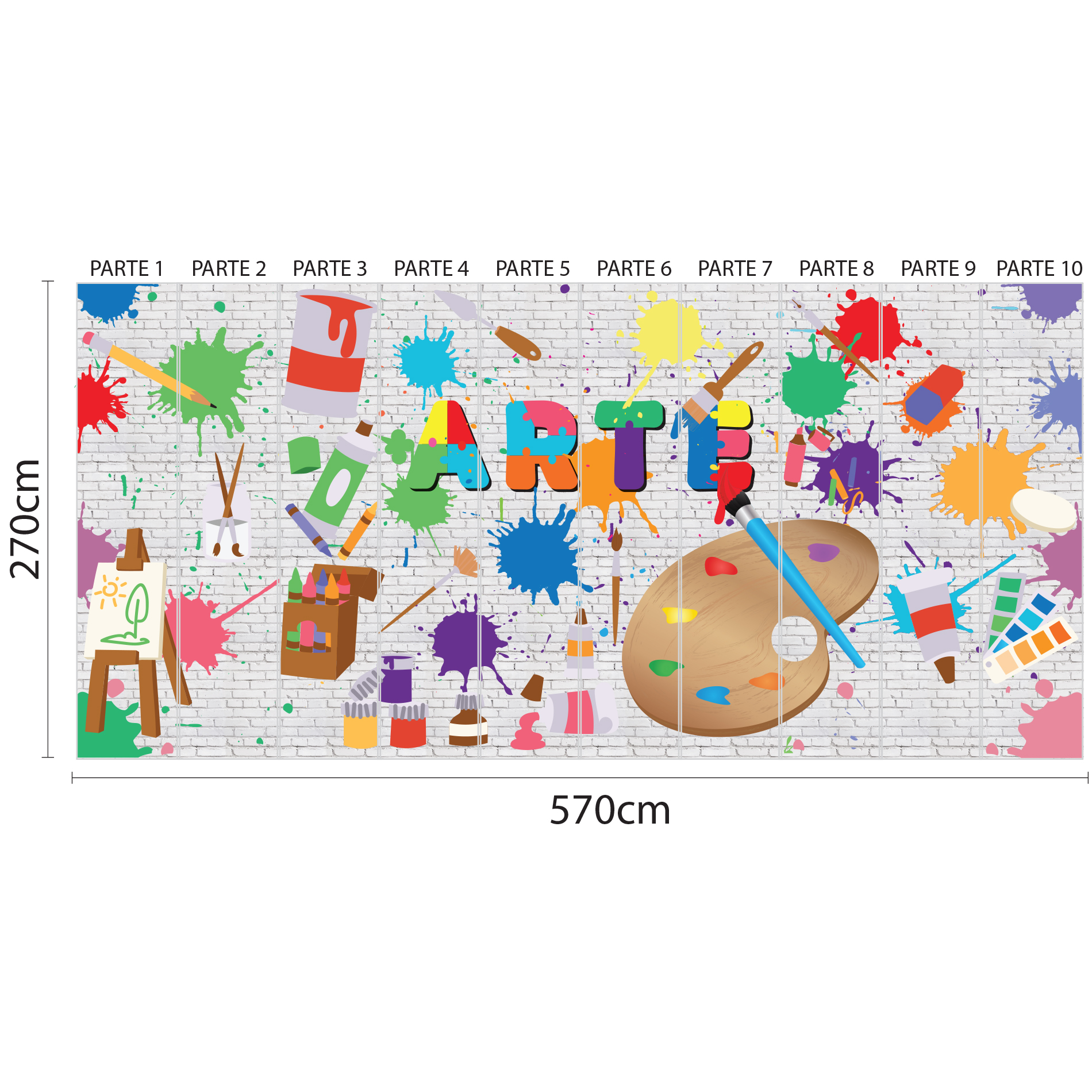 Imagem ilustrativa do papel de parede escolar para sala de arte com dimensões e divisão em partes numeradas para aplicação.