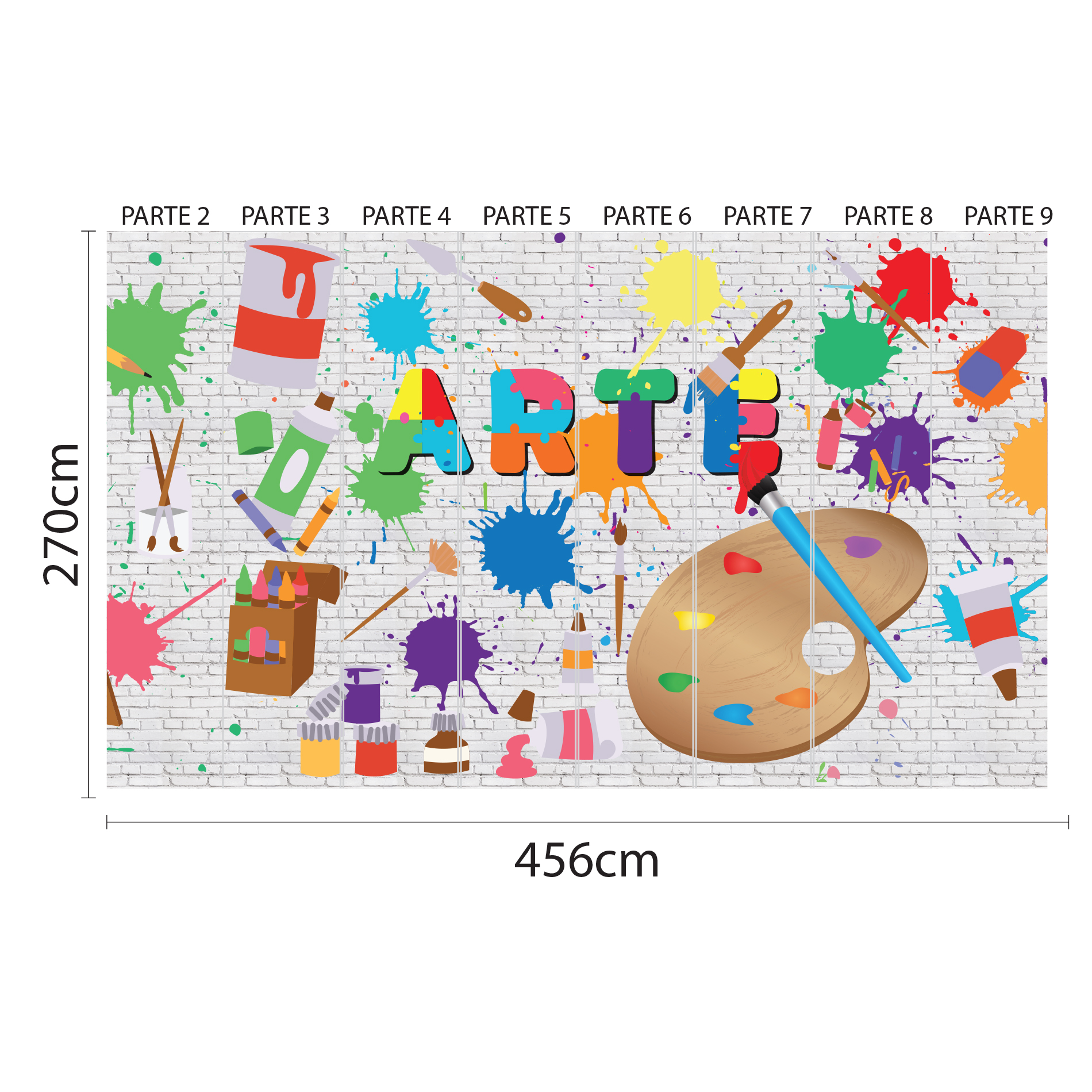 Imagem técnica do papel de parede escolar mostrando as partes numeradas para montagem e dimensões de 456 cm por 270 cm