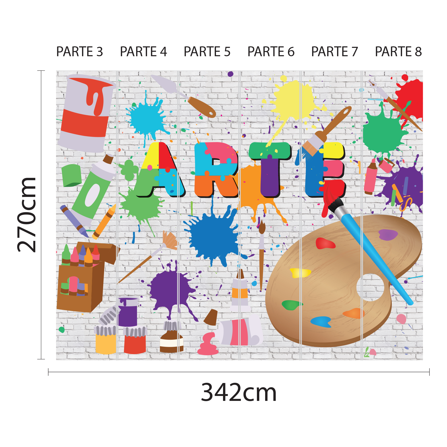 Imagem ilustrativa do papel de parede Sala de Arte mostrando detalhes da aplicação e design colorido