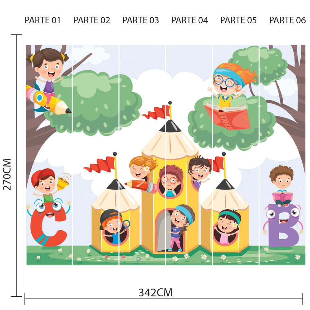 Imagem técnica do papel de parede infantil dividido em seis partes verticais numeradas com dimensões indicadas.