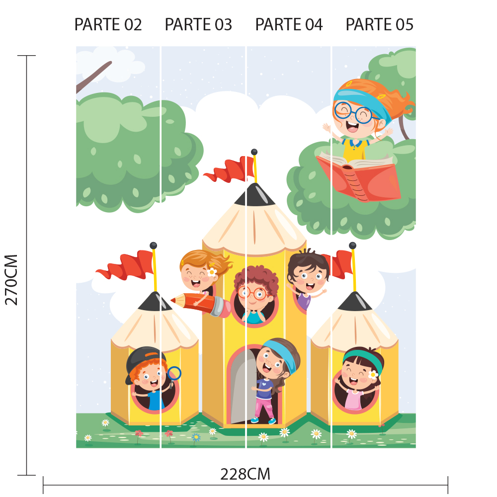 Imagem ilustrativa do papel de parede infantil dividido em partes numeradas, mostrando dimensões e aplicação