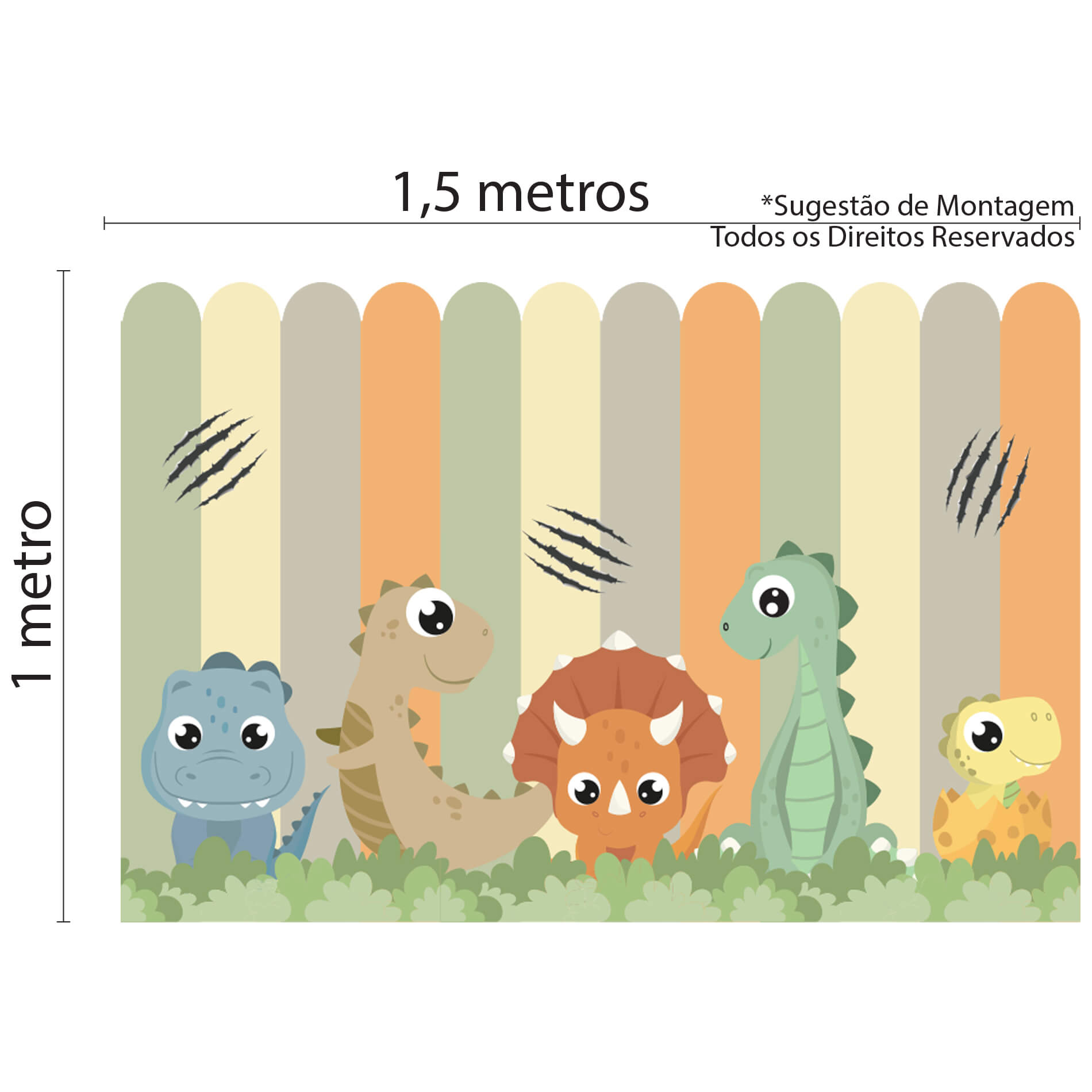 Imagem ilustrativa com dimensões do adesivo de parede infantil tema dinossauros, mostrando 1,5 metros de largura por 1 metro de altura.
