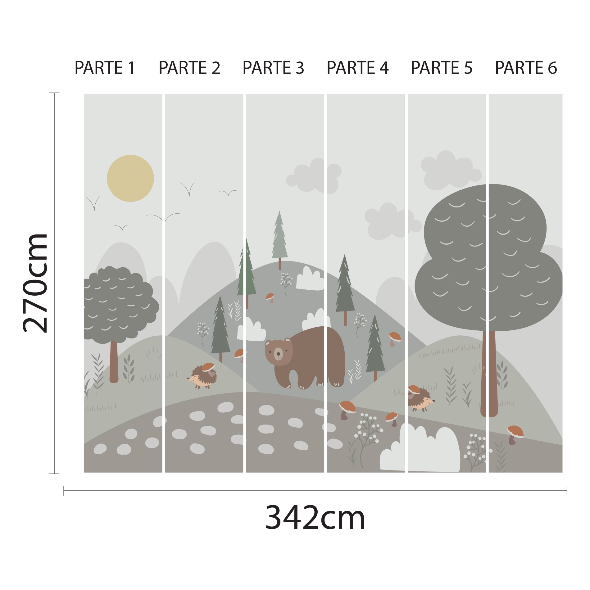 Imagem mostrando papel de parede infantil dividido em 6 partes com dimensões para aplicação