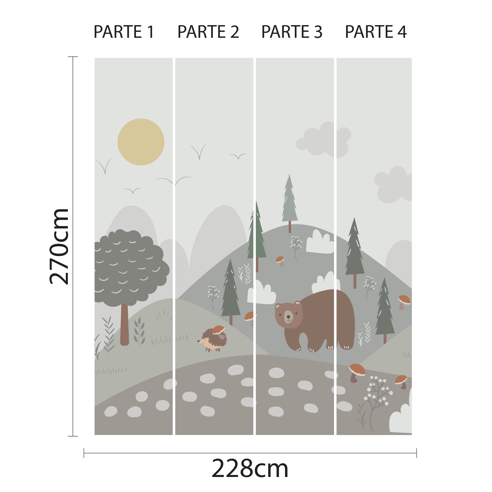 Papel de parede infantil com tema de colinas, ursos e ouriços, mostrando as dimensões e detalhes do produto.