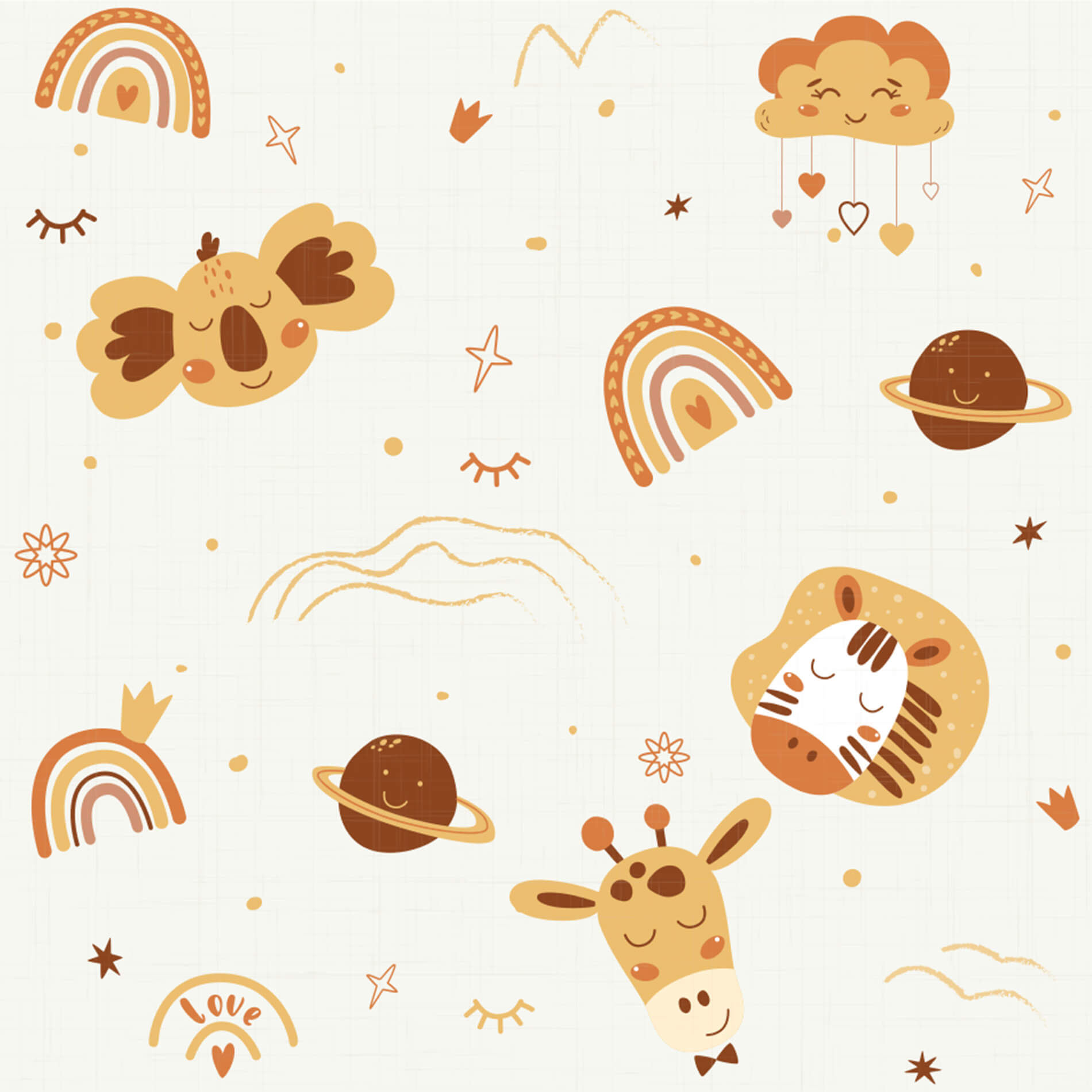 Imagem detalhada do papel de parede infantil com especificações técnicas mostrando largura e comprimento do rolo.